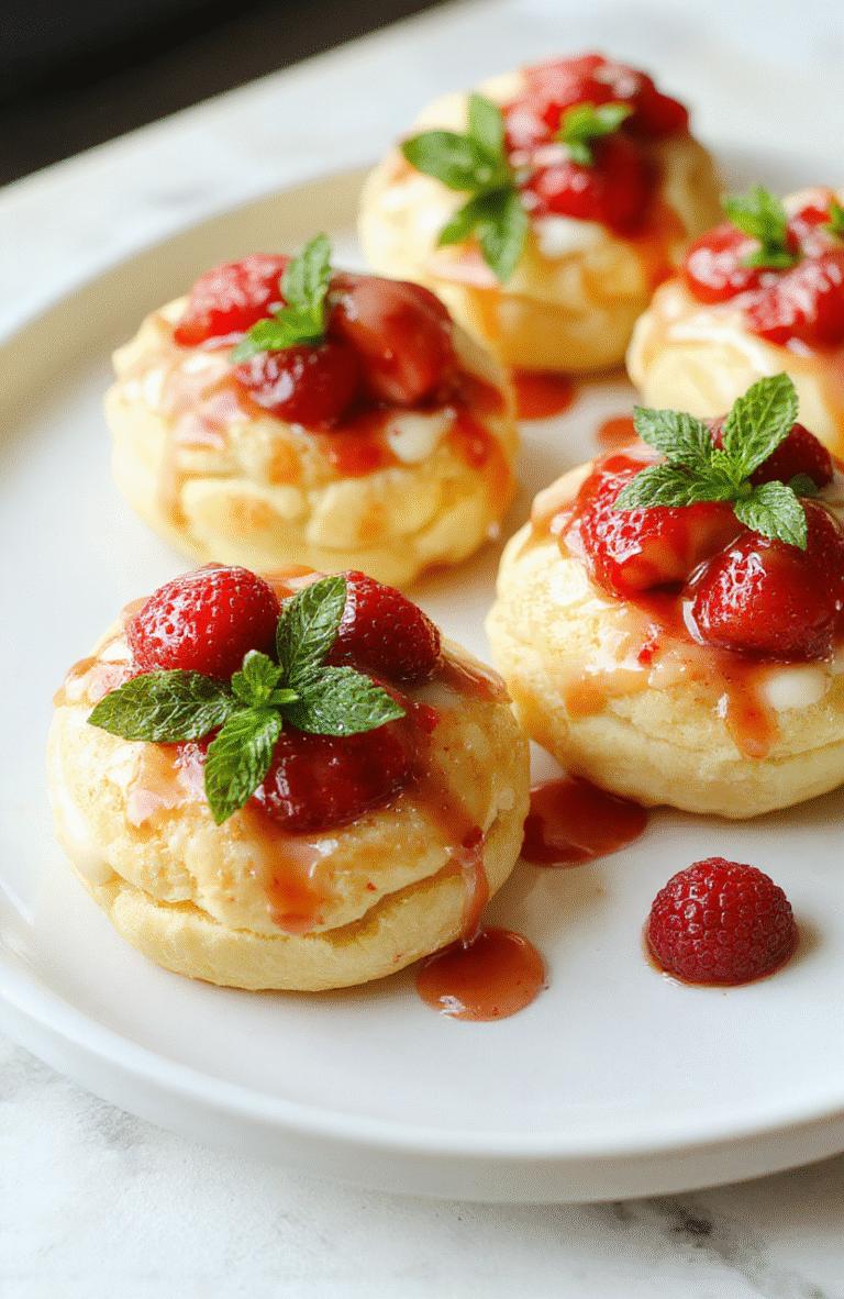 Colorful strawberry cream puffs arranged elegantly on a white plate, topped with fresh strawberries and a drizzle of glaze, showcasing crispy exterior and creamy filling, styled with mint leaves for a fresh touch.