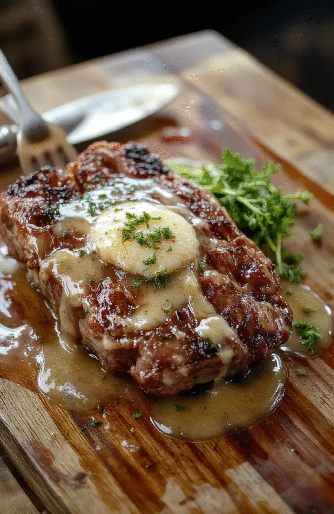 A perfectly cooked medium-rare steak with a golden crust, topped with a glossy butter sauce, served on a clean white plate with a sprig of fresh herbs, the rich sauce bubbling slightly around the steak, and a rustic wooden table background.