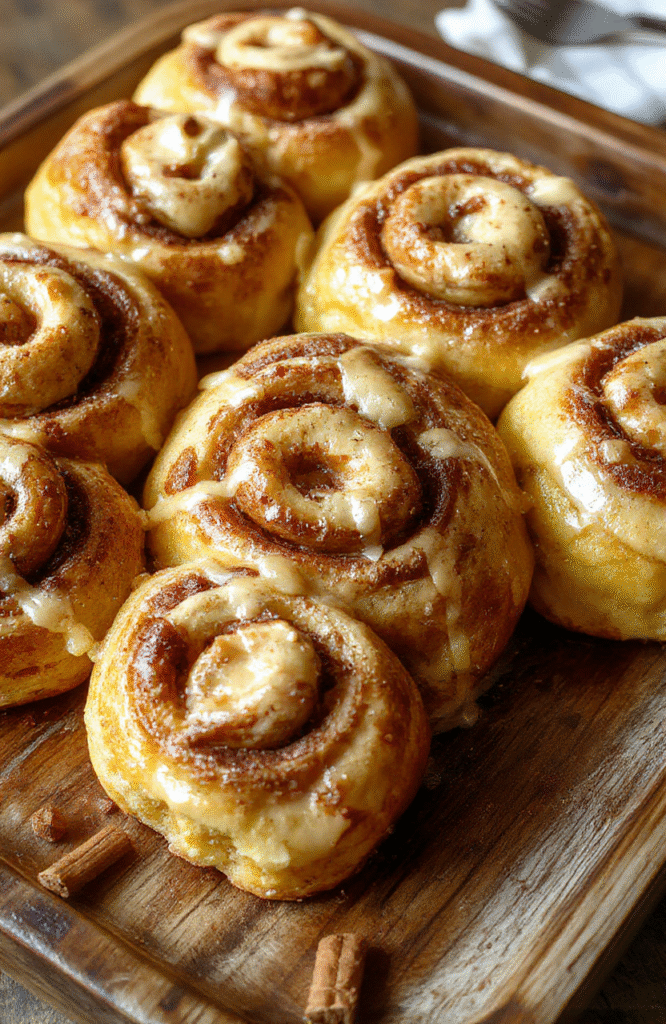 A close-up of warm, golden pumpkin cinnamon rolls with swirl patterns, topped with glistening icing, displayed on a rustic wooden tray with scattered cinnamon and pumpkin seeds, styled for a cozy fall breakfast, capturing textures and inviting colors.
