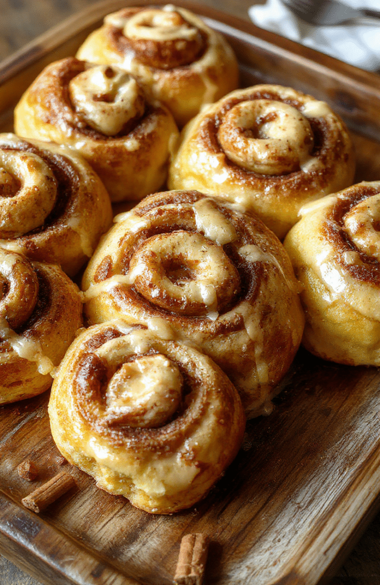 A close-up of warm, golden pumpkin cinnamon rolls with swirl patterns, topped with glistening icing, displayed on a rustic wooden tray with scattered cinnamon and pumpkin seeds, styled for a cozy fall breakfast, capturing textures and inviting colors.