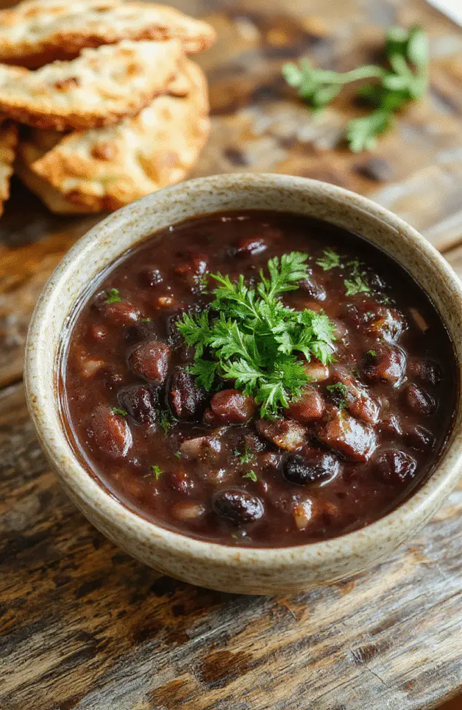 A vibrant bowl of black bean soup with a smooth texture, topped with chopped cilantro, a dollop of sour cream, and a lime wedge on a rustic wooden table, with fresh ingredients like beans and herbs surrounding it.