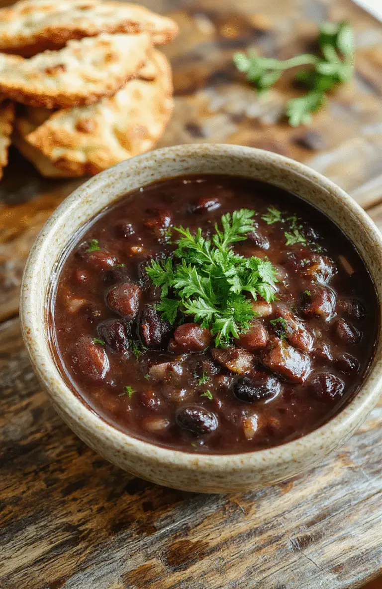A vibrant bowl of black bean soup with a smooth texture, topped with chopped cilantro, a dollop of sour cream, and a lime wedge on a rustic wooden table, with fresh ingredients like beans and herbs surrounding it.