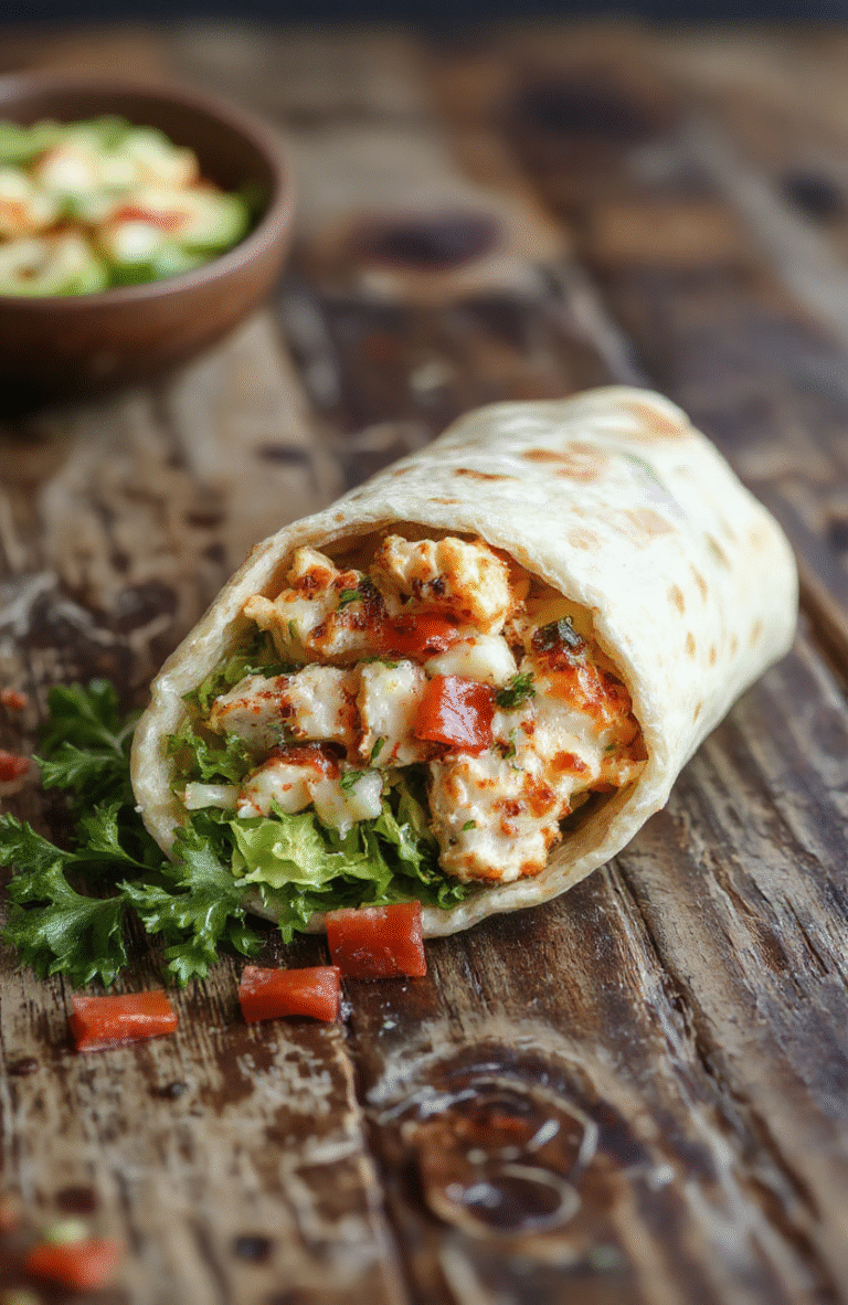 A vibrant chicken Caesar wrap sliced diagonally to showcase crispy romaine lettuce, tender grilled chicken, creamy Caesar dressing, all wrapped in a soft tortilla, styled on a rustic wooden surface with fresh ingredients around for an inviting look.