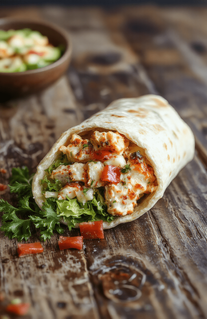 A vibrant chicken Caesar wrap sliced diagonally to showcase crispy romaine lettuce, tender grilled chicken, creamy Caesar dressing, all wrapped in a soft tortilla, styled on a rustic wooden surface with fresh ingredients around for an inviting look.