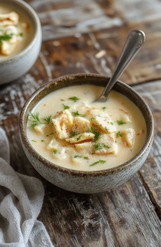 A warm bowl of creamy chicken pasta soup topped with fresh herbs, served with a side of crusty bread. The soup has a rich, velvety texture with tender chicken pieces, vibrant vegetables, and pasta, beautifully arranged on a rustic wooden table with soft natural lighting.
