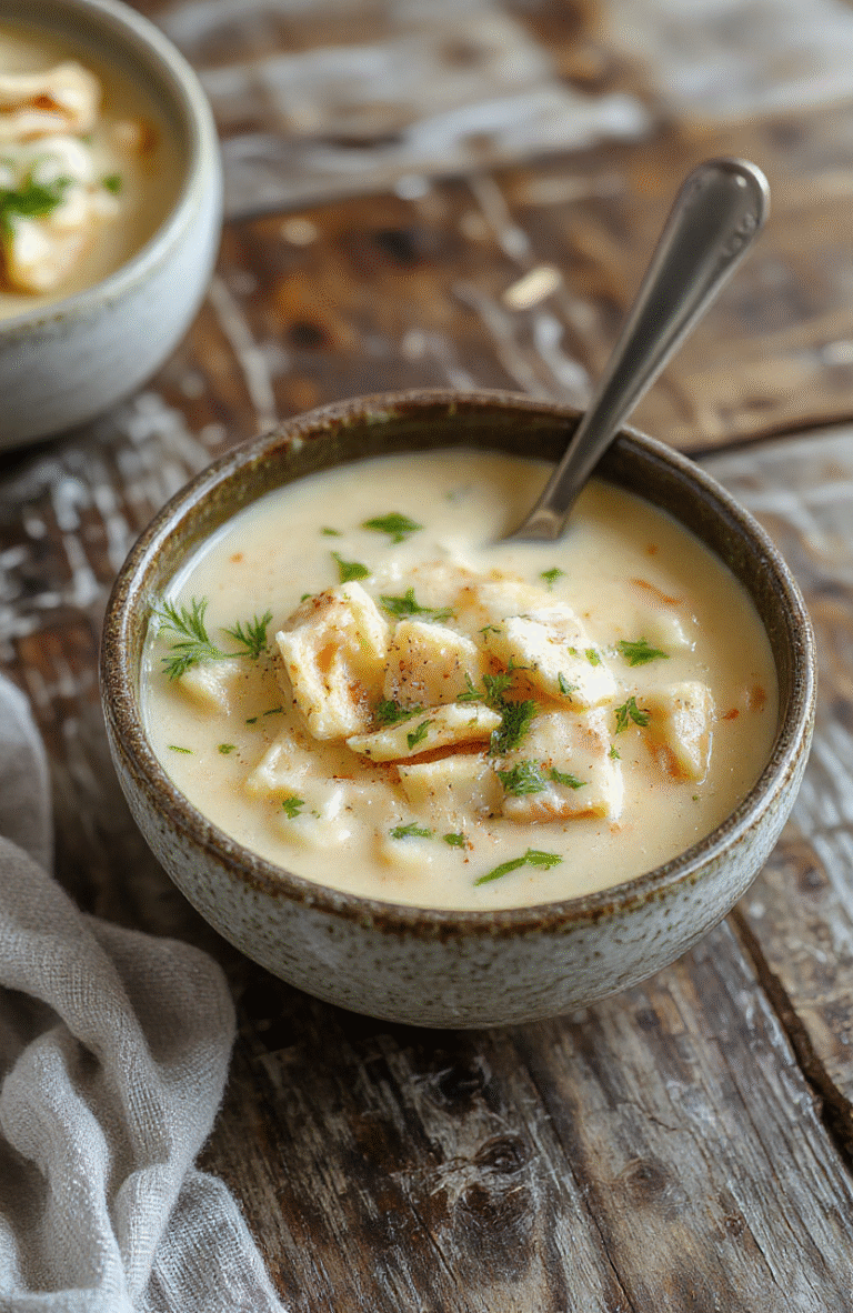 A warm bowl of creamy chicken pasta soup topped with fresh herbs, served with a side of crusty bread. The soup has a rich, velvety texture with tender chicken pieces, vibrant vegetables, and pasta, beautifully arranged on a rustic wooden table with soft natural lighting.