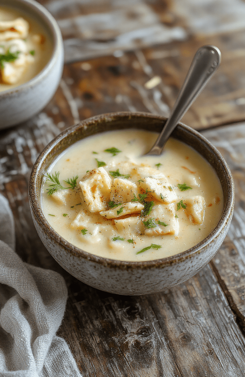 A warm bowl of creamy chicken pasta soup topped with fresh herbs, served with a side of crusty bread. The soup has a rich, velvety texture with tender chicken pieces, vibrant vegetables, and pasta, beautifully arranged on a rustic wooden table with soft natural lighting.