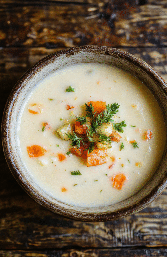 A vibrant bowl of creamy vegetable soup with colorful chunks of carrots, zucchini, and potatoes, topped with fresh herbs, served on a rustic wooden table with a spoon nearby and steam rising from the hot soup.