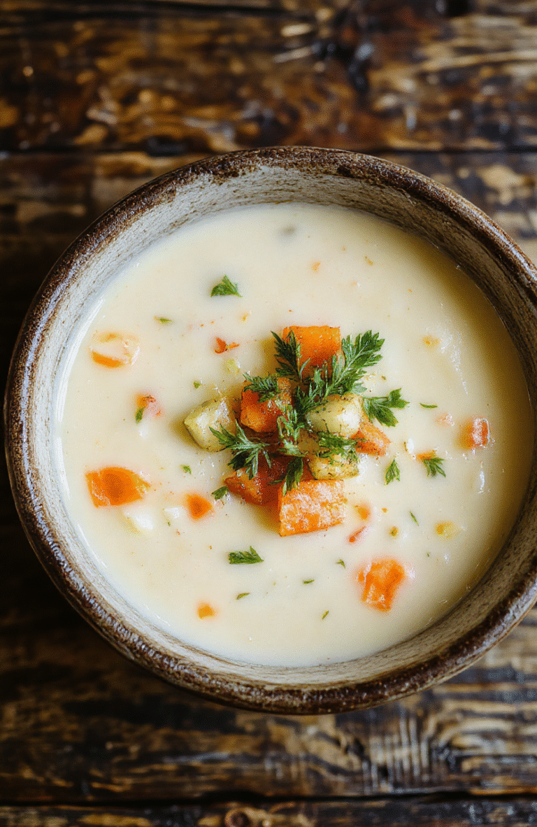 A vibrant bowl of creamy vegetable soup with colorful chunks of carrots, zucchini, and potatoes, topped with fresh herbs, served on a rustic wooden table with a spoon nearby and steam rising from the hot soup.
