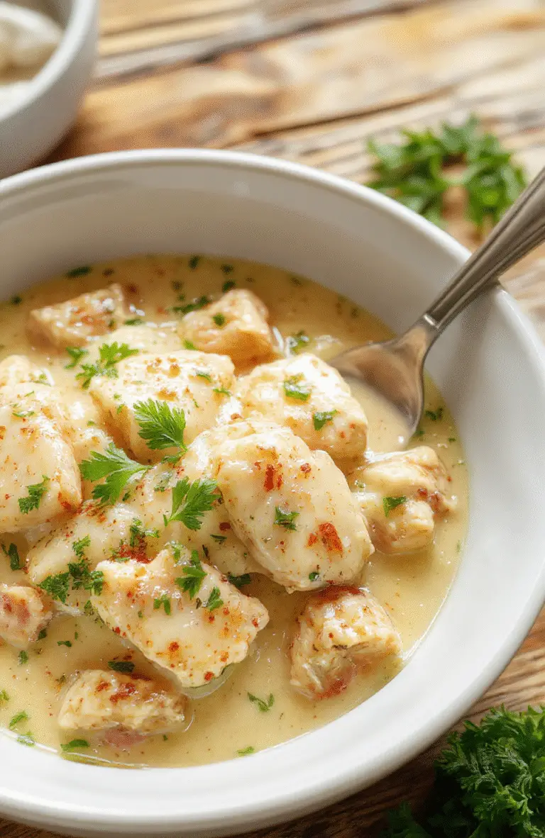 A creamy Chicken Alfredo served in a white bowl, garnished with fresh parsley on top, with pasta and shredded chicken visible, all set on a rustic wooden table with a soft focus background