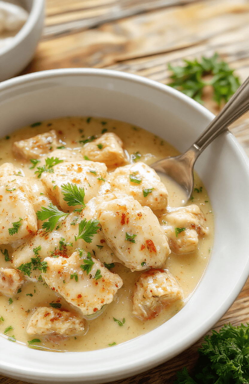 A creamy Chicken Alfredo served in a white bowl, garnished with fresh parsley on top, with pasta and shredded chicken visible, all set on a rustic wooden table with a soft focus background