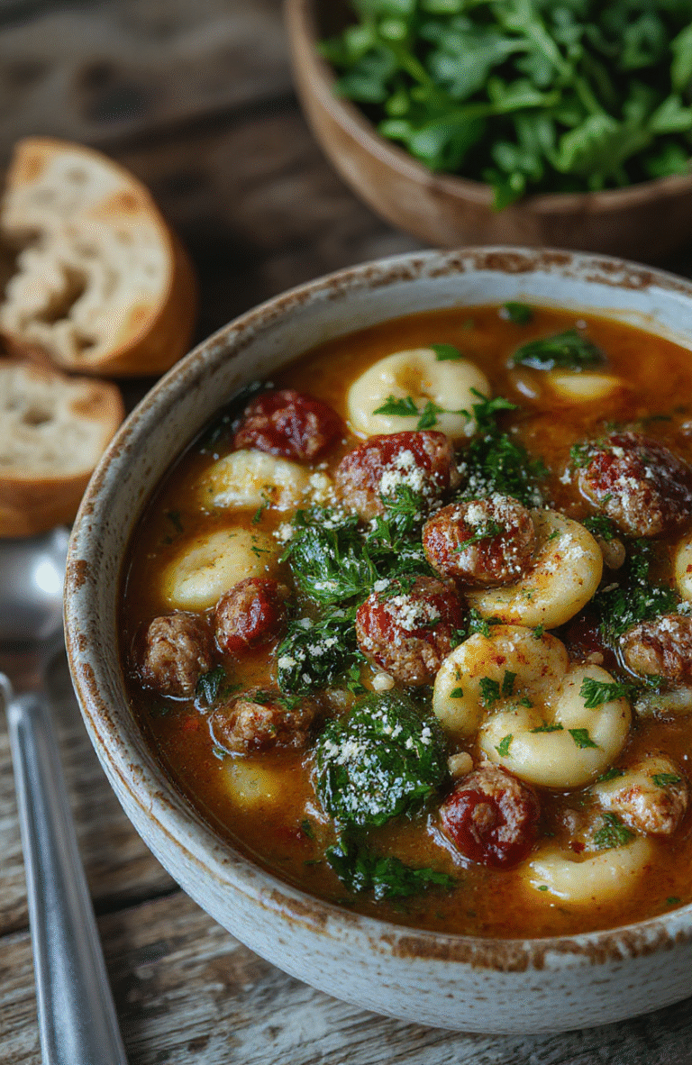 A vibrant bowl of Italian sausage tortellini soup featuring golden-brown sausage, plump tortellini, fresh greens, and a rich broth, styled on a rustic wooden surface with natural lighting highlighting textures and colors.