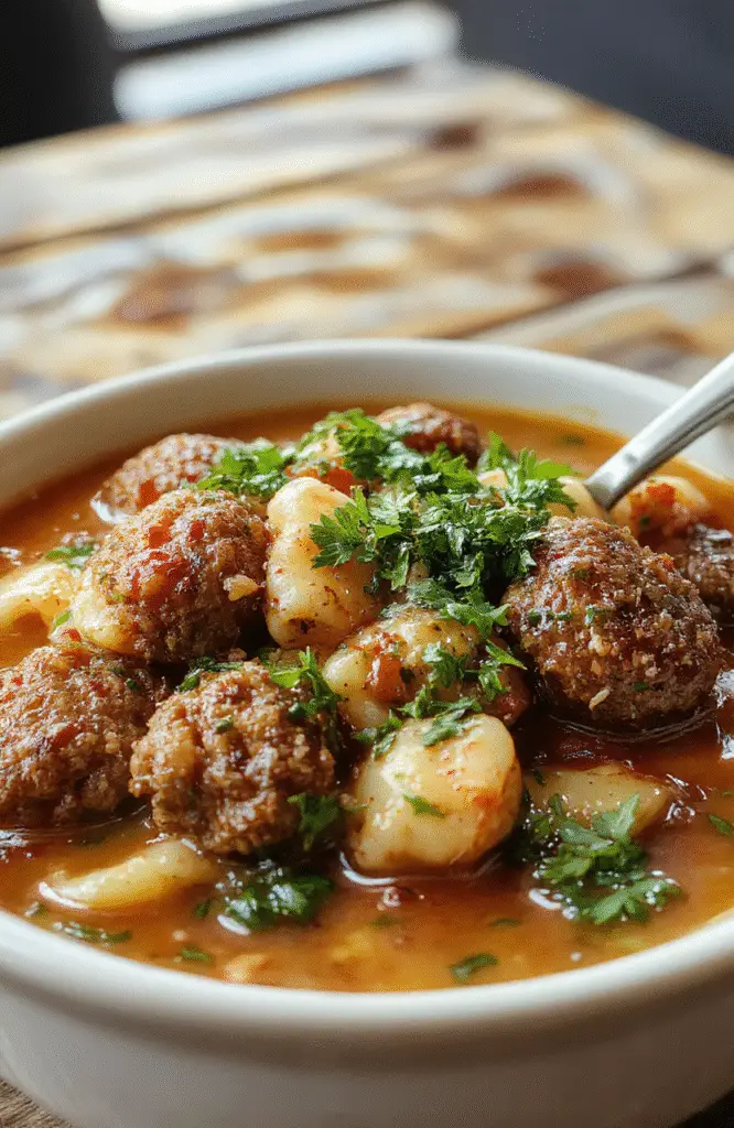 A vibrant bowl of meatball tortellini soup with colorful vegetables and plump meatballs, garnished with fresh herbs, served in a rustic bowl on a wooden table.