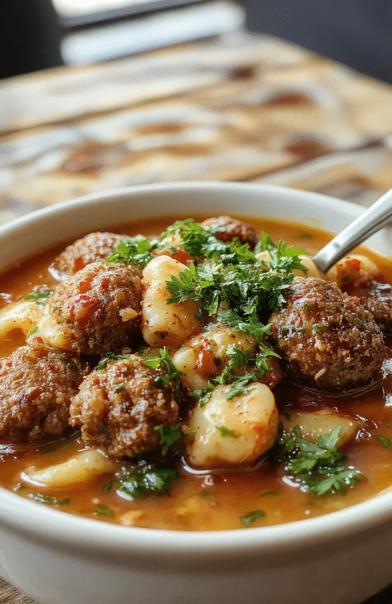 A vibrant bowl of meatball tortellini soup with colorful vegetables and plump meatballs, garnished with fresh herbs, served in a rustic bowl on a wooden table.