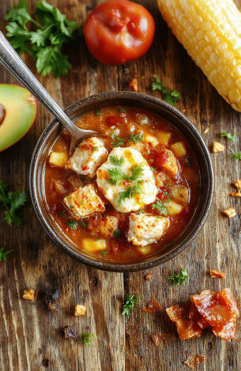 Colorful bowl of white chicken chili topped with charred corn, fresh cilantro, and a sprinkle of cheese, set on a rustic wooden surface with vibrant ingredients around.