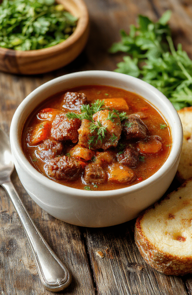 A hearty bowl of beef stew garnished with fresh herbs, featuring tender beef chunks, carrots, potatoes, and celery in a rich, glossy gravy, styled in a rustic bowl on a wooden table with warm lighting