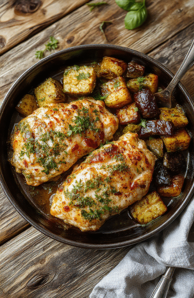 Colorful plate featuring golden baked chicken topped with vibrant green pesto, surrounded by roasted vegetables and garnished with fresh herbs, styled simply on a rustic wooden table.
