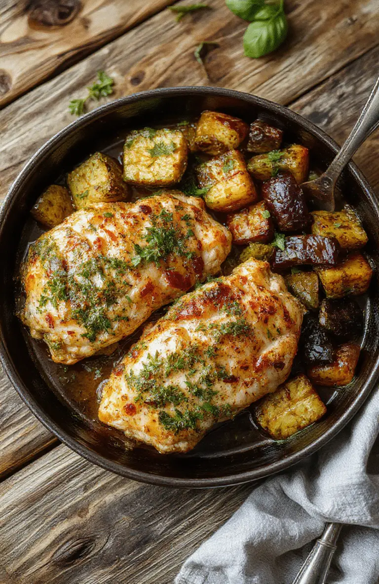 Colorful plate featuring golden baked chicken topped with vibrant green pesto, surrounded by roasted vegetables and garnished with fresh herbs, styled simply on a rustic wooden table.