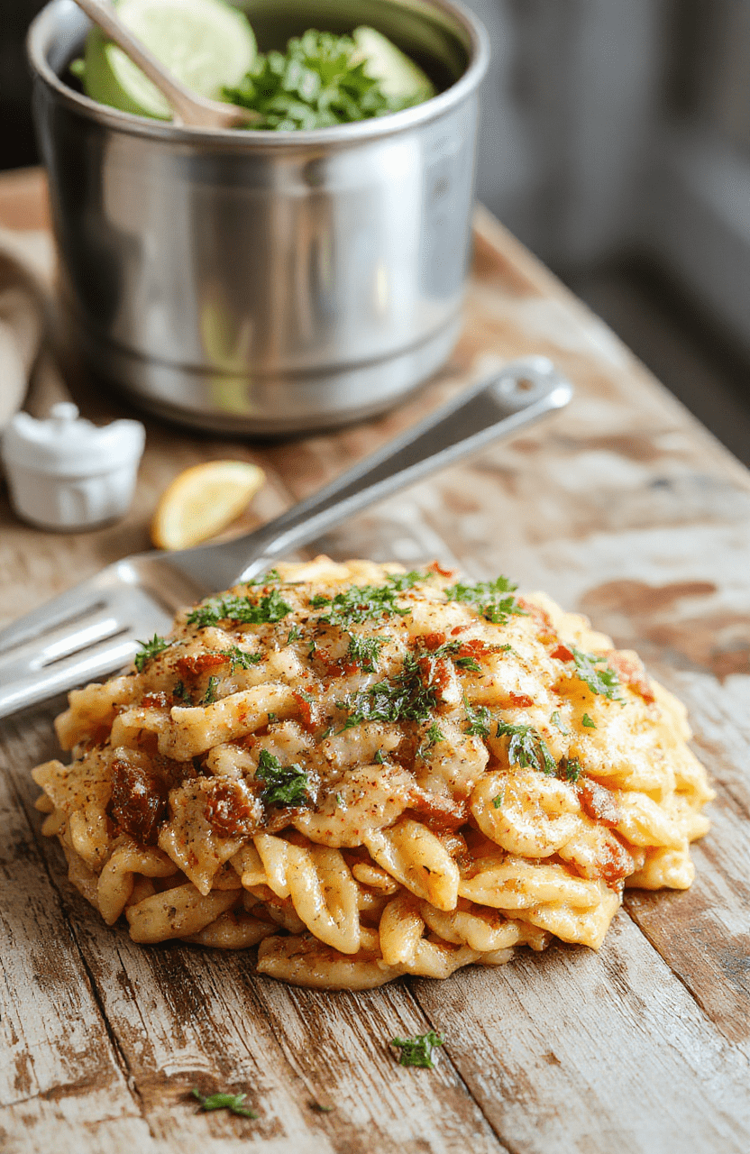 A vibrant plate of creamy orzo pasta topped with fresh herbs, cherry tomatoes, and grated cheese, elegantly arranged on a rustic wooden table with a rustic background, highlighting textures and colors for an inviting, homey feel.