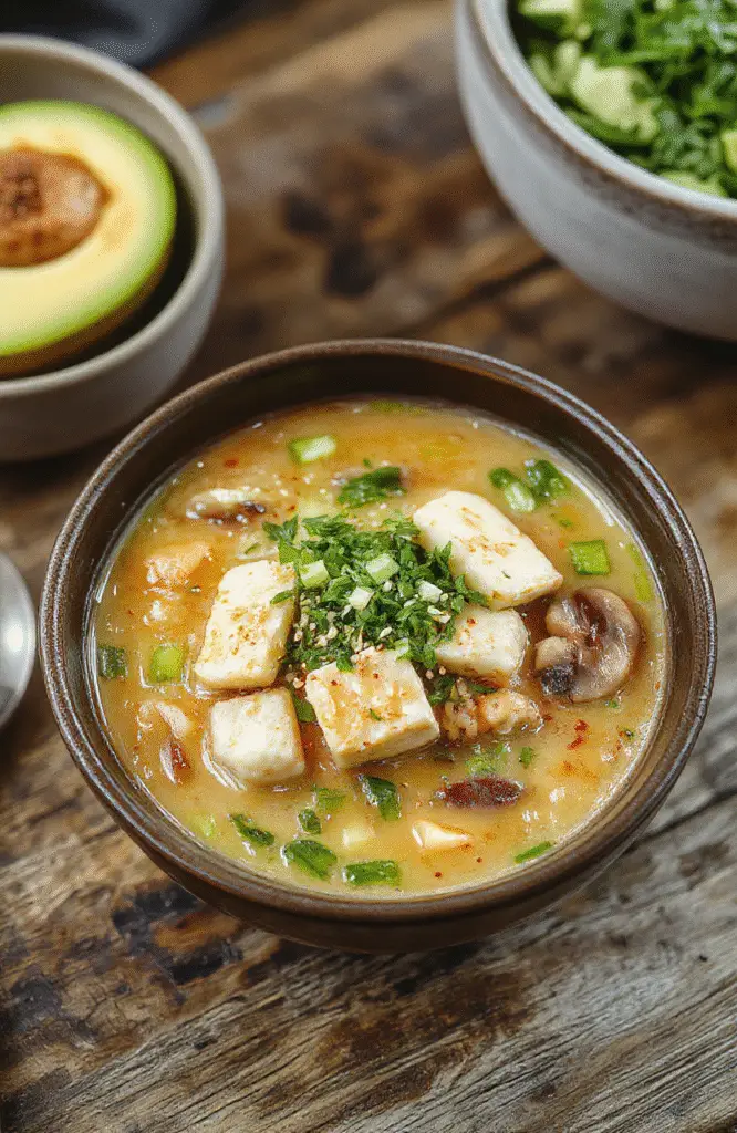A vibrant bowl of vegan ramen noodles topped with fresh green onions, sliced mushrooms, tofu cubes, and a sprinkle of sesame seeds, with rich broth and colorful vegetables, styled on a white plate with chopsticks resting on the side, captures an appealing and hearty presentation.