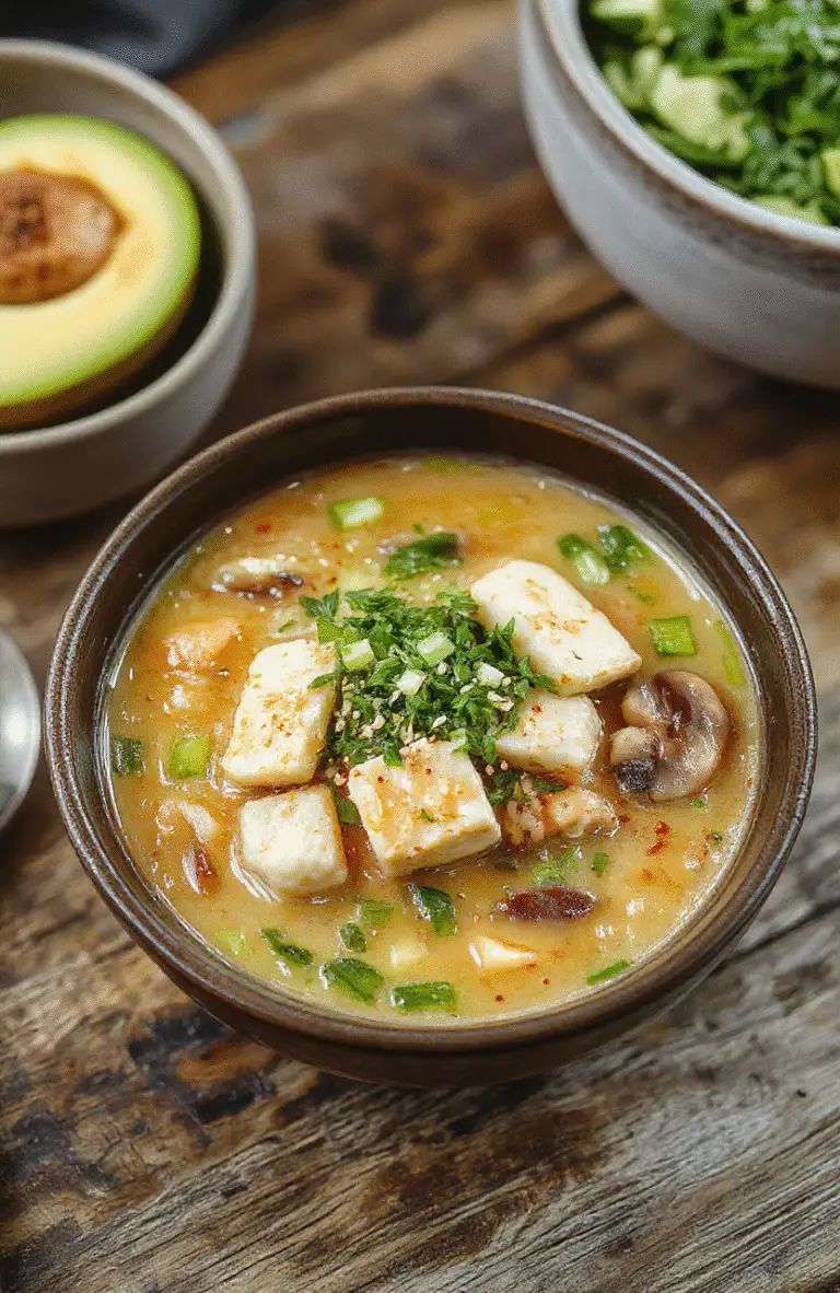 A vibrant bowl of vegan ramen noodles topped with fresh green onions, sliced mushrooms, tofu cubes, and a sprinkle of sesame seeds, with rich broth and colorful vegetables, styled on a white plate with chopsticks resting on the side, captures an appealing and hearty presentation.