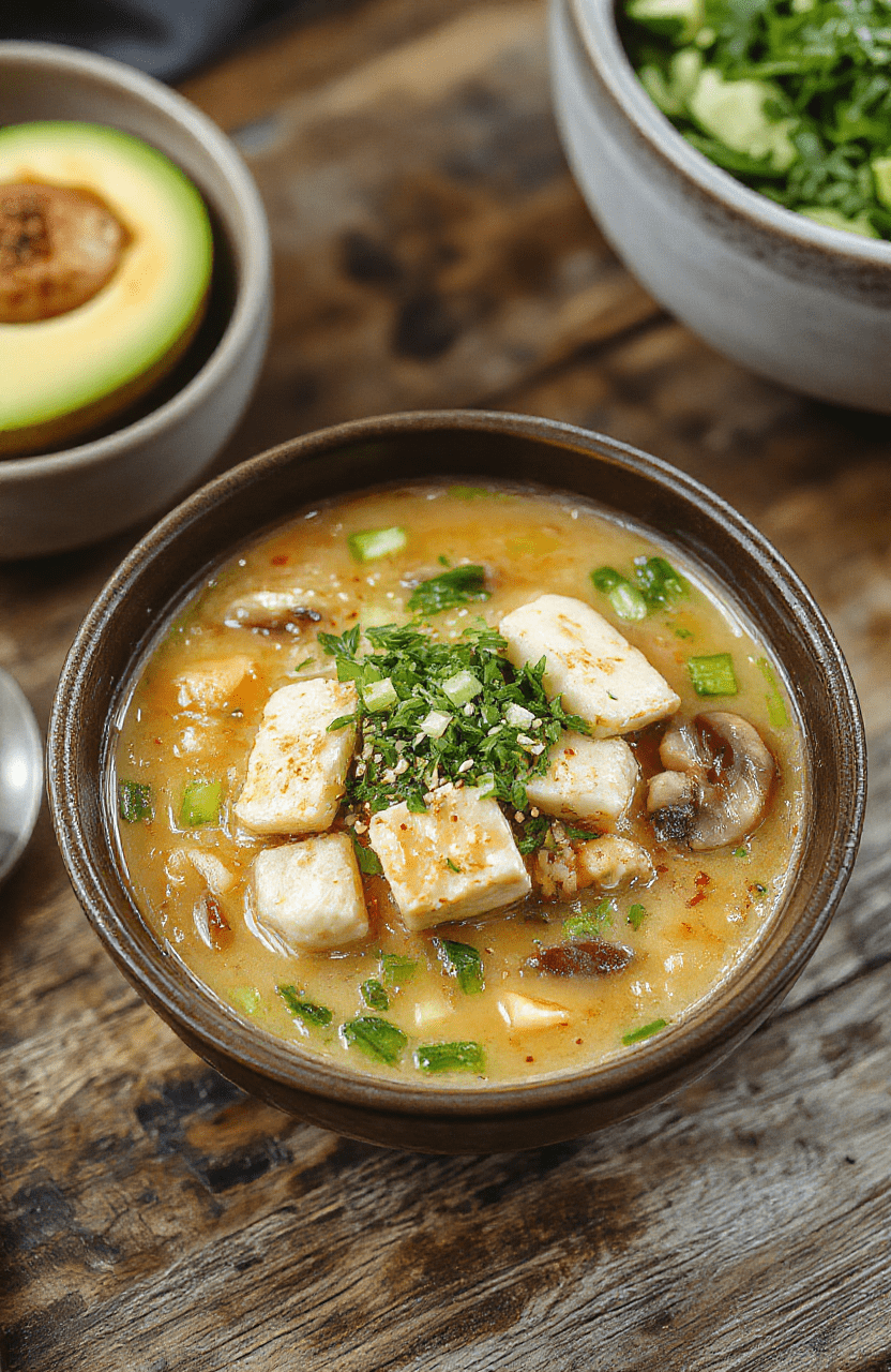 A vibrant bowl of vegan ramen noodles topped with fresh green onions, sliced mushrooms, tofu cubes, and a sprinkle of sesame seeds, with rich broth and colorful vegetables, styled on a white plate with chopsticks resting on the side, captures an appealing and hearty presentation.