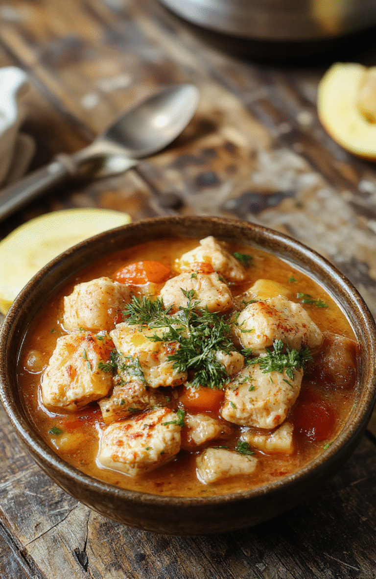 A hearty bowl of chicken stew featuring tender shredded chicken, vibrant vegetables like carrots and potatoes, topped with fresh herbs, served in a rustic ceramic bowl on a wooden table, steam rising, with a warm, inviting atmosphere