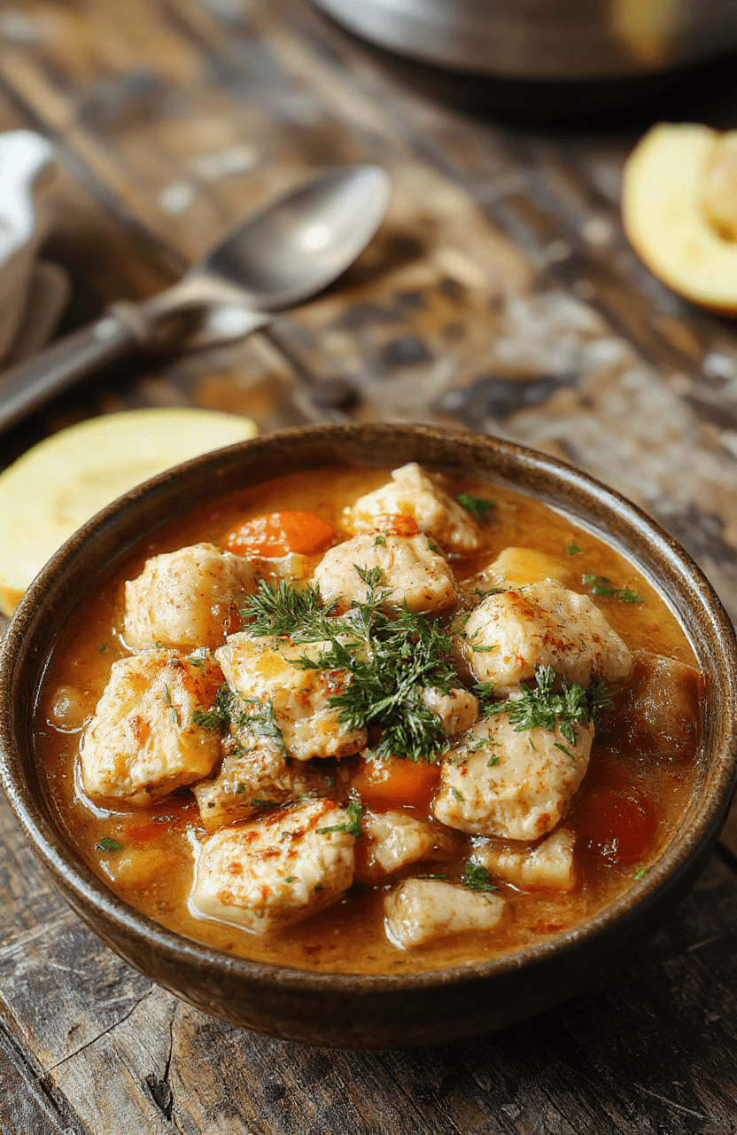 A hearty bowl of chicken stew featuring tender shredded chicken, vibrant vegetables like carrots and potatoes, topped with fresh herbs, served in a rustic ceramic bowl on a wooden table, steam rising, with a warm, inviting atmosphere