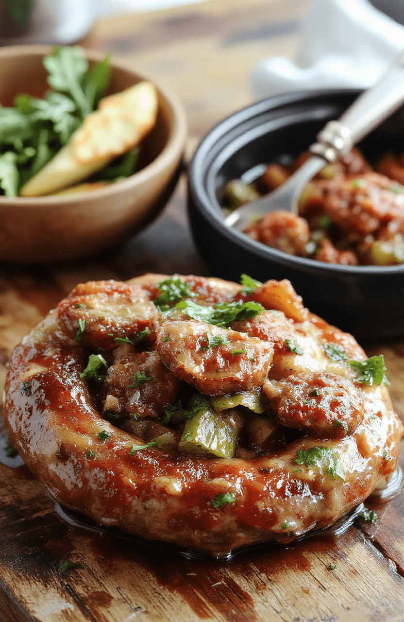 Colorful sausages and vibrant bell peppers arranged on a rustic plate with a slight sheen, garnished with fresh herbs, set on a natural wooden surface, styled simply to highlight textures and fresh ingredients, with a soft focus background.