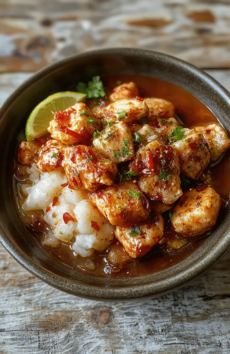 A colorful plate featuring a generous portion of sticky chicken atop fluffy rice, garnished with fresh herbs and vibrant vegetables, with a glossy glaze showing caramelized edges, styled simply on a rustic wooden surface with natural lighting highlighting textures.