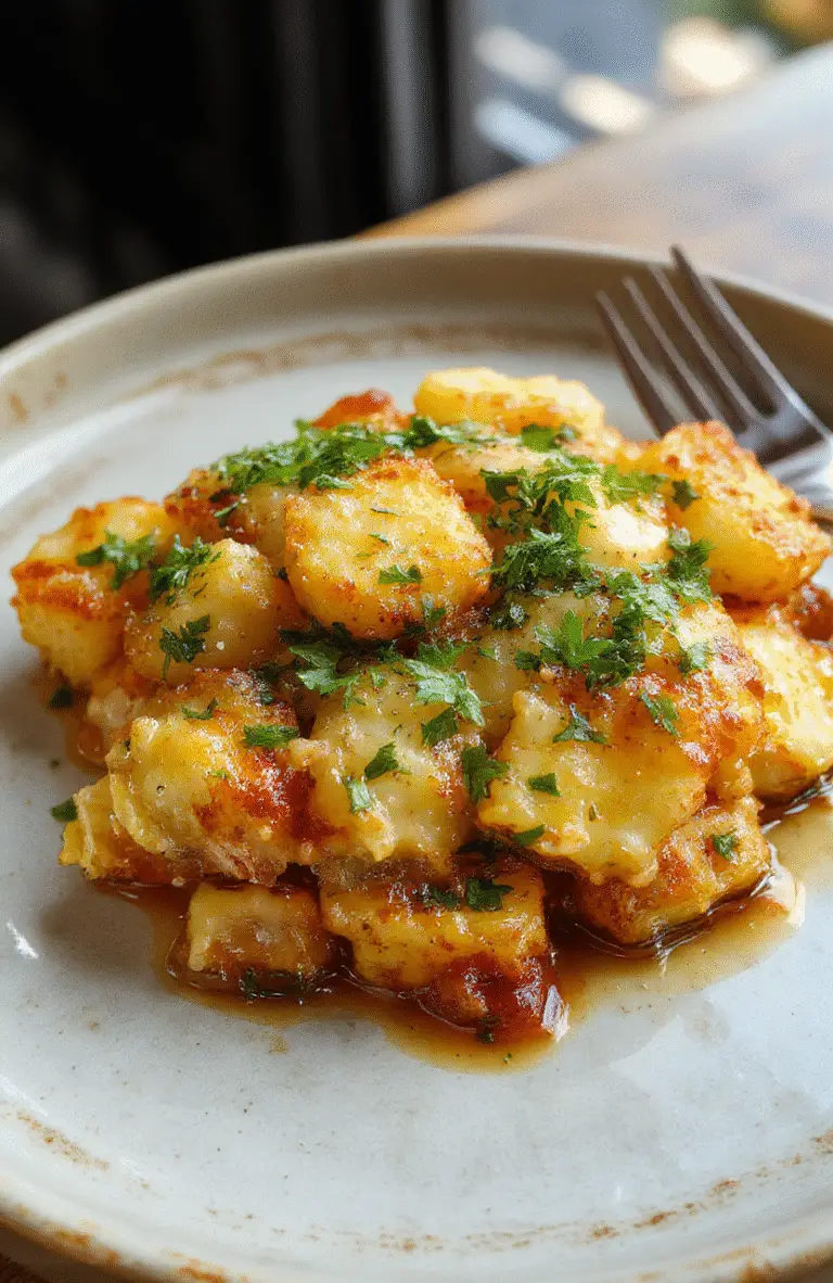 A golden-brown Tater Tot Casserole served in a rustic baking dish, topped with melted cheese and fresh herbs, steaming hot and crispy edges, surrounded by vibrant vegetables and a cozy kitchen setting.