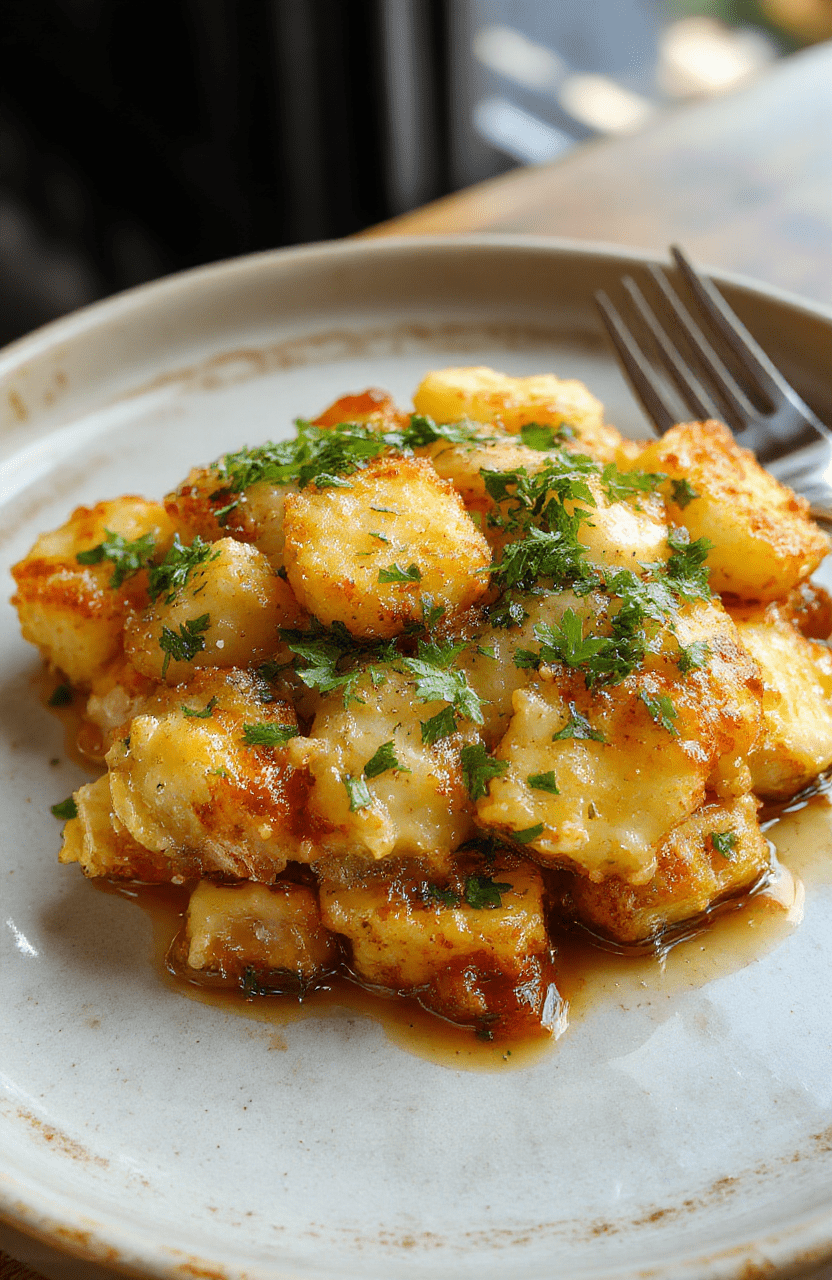 A golden-brown Tater Tot Casserole served in a rustic baking dish, topped with melted cheese and fresh herbs, steaming hot and crispy edges, surrounded by vibrant vegetables and a cozy kitchen setting.