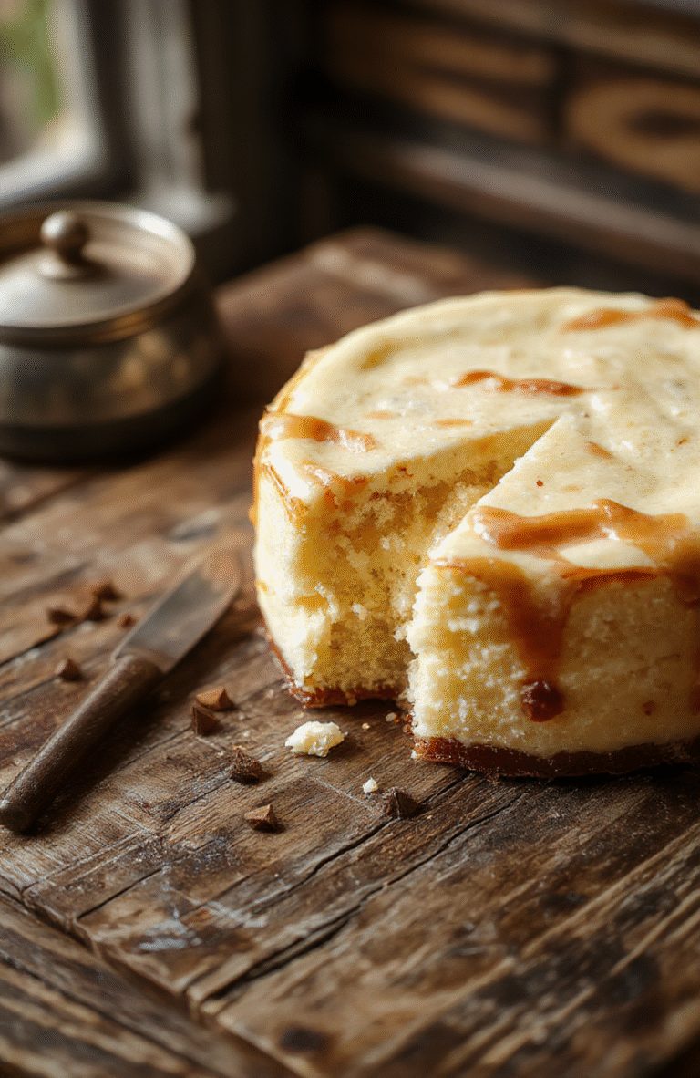 A rich and creamy butterbeer cheesecake topped with swirls of whipped cream and caramel drizzle, served on a rustic wooden platter with golden caramel accents and a sprinkle of cinnamon. The background features soft fairy lights creating a cozy magical atmosphere, with a vintage potion bottle and a Harry Potter themed cookbook slightly blurred in the background.