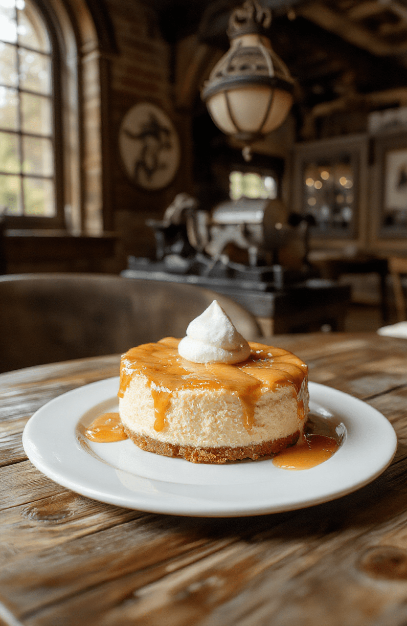 Colorful and creamy Butterbeer Cheesecake topped with whipped cream and caramel drizzle, served on a rustic wooden cake stand with magical sparkling elements around it, capturing a whimsical and enchanting vibe