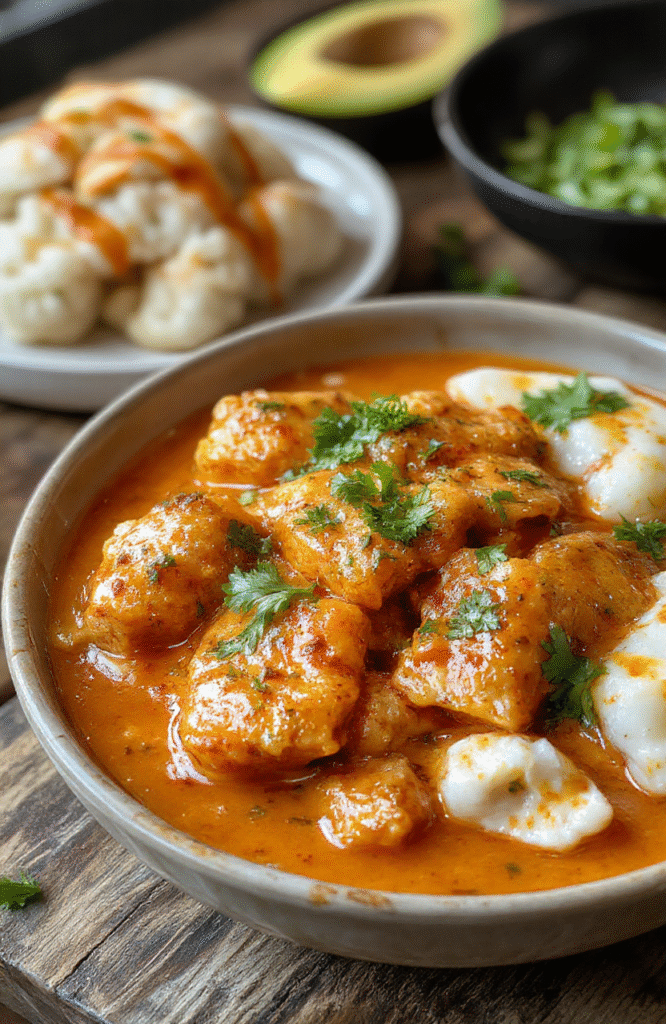 A vibrant plate of homemade butter chicken with creamy orange sauce, garnished with fresh cilantro, served alongside fluffy basmati rice, styled simply on a white plate with a rustic wooden background.