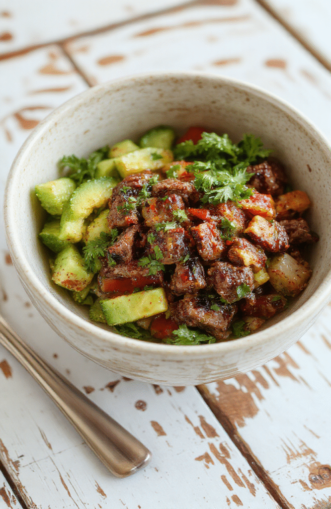 Colorful steak fajita bowl with sliced grilled steak, bell peppers, onions, and fresh cilantro, served in a white bowl with a vibrant mix of vegetables, garnished with lime wedges and chopped herbs, with a background of a rustic wooden table.