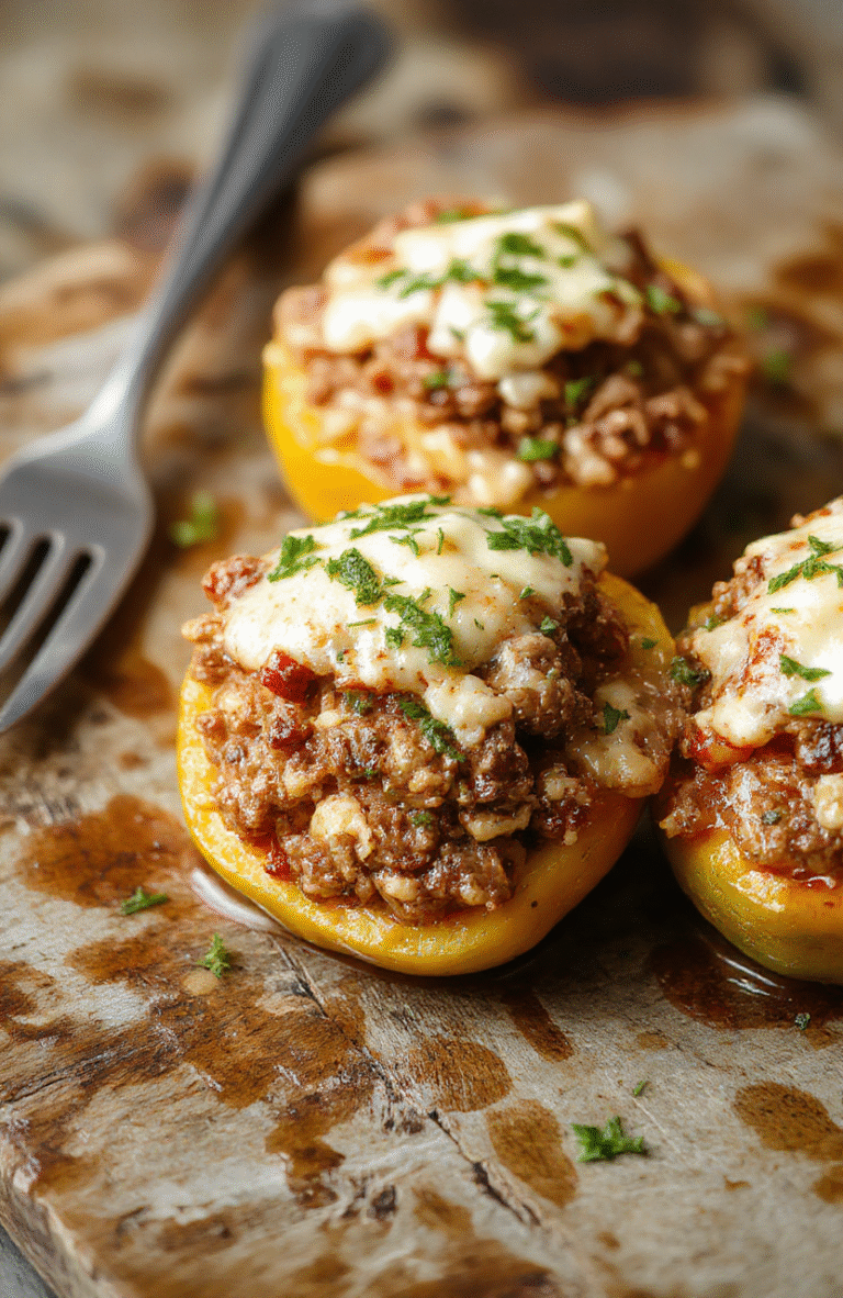 Colorful stuffed bell peppers arranged on a rustic wooden surface, filled with seasoned ground beef and fluffy rice, topped with melted cheese and garnished with fresh herbs, styled for a cozy dinner scene.