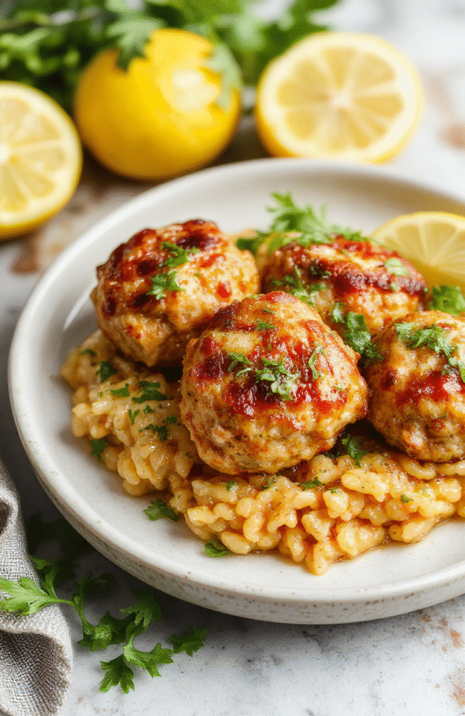 Colorful plate featuring golden Greek chicken meatballs garnished with fresh herbs, served alongside vibrant lemon orzo with zesty lemon wedges, all styled on a rustic white plate with a Mediterranean-inspired backdrop, highlighting textures and fresh ingredients.