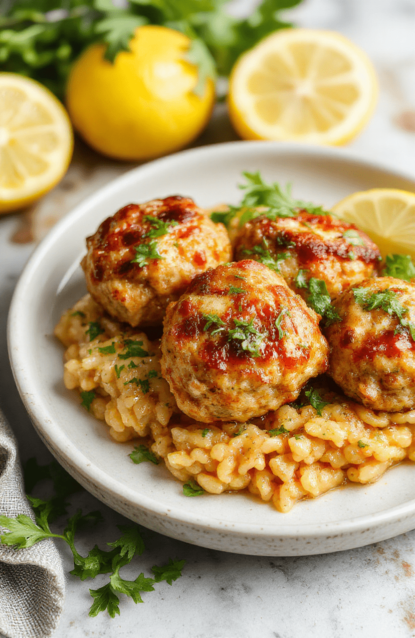 Colorful plate featuring golden Greek chicken meatballs garnished with fresh herbs, served alongside vibrant lemon orzo with zesty lemon wedges, all styled on a rustic white plate with a Mediterranean-inspired backdrop, highlighting textures and fresh ingredients.