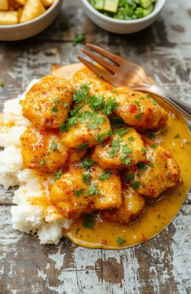 A vibrant plate of homemade butter chicken showcasing tender, golden-brown chicken pieces coated in a rich, creamy tomato-based sauce, garnished with fresh cilantro. The dish is styled on a rustic wooden table with a side of steamed rice, bright spices, and a sprinkle of herbs, highlighting textures and warm colors, perfect for an inviting dinner scene.