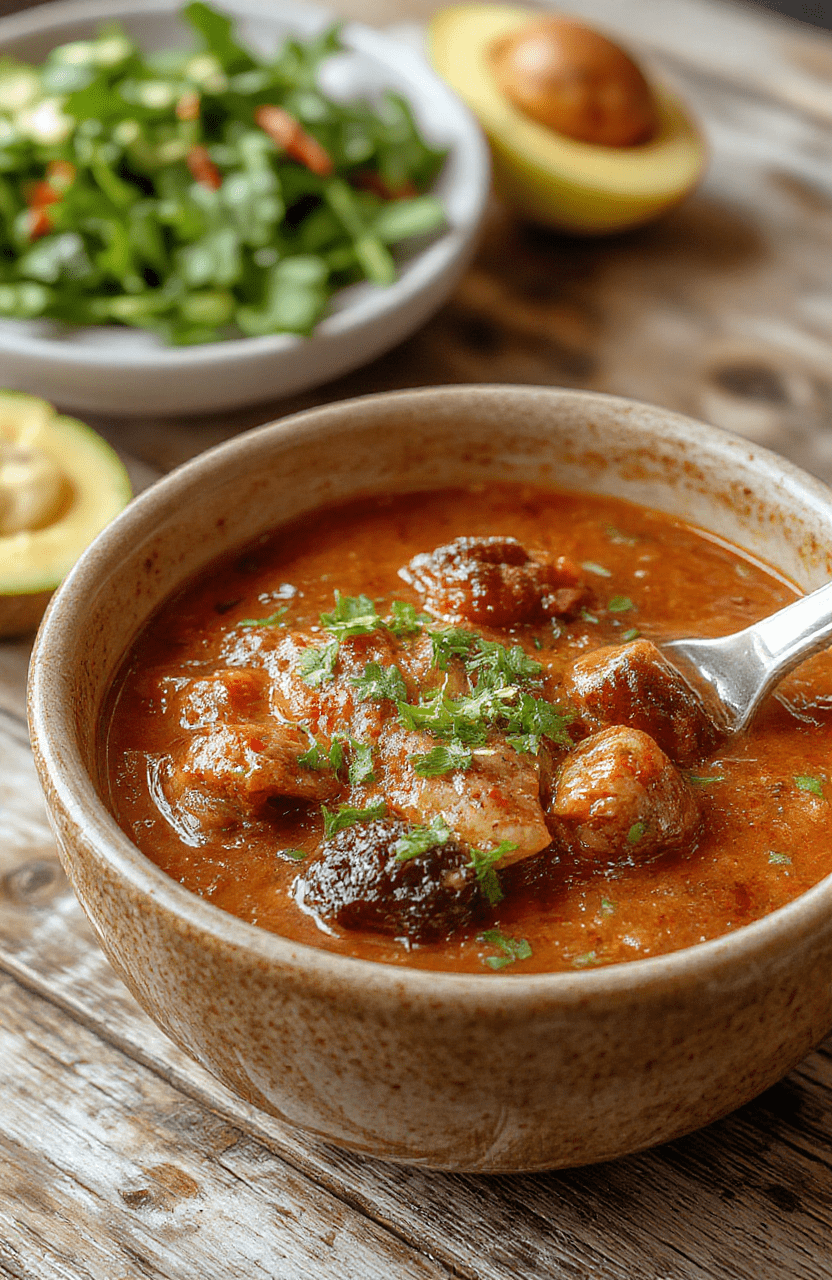 A vibrant bowl of Mexican birria stew with rich, red broth, tender shredded beef, and fresh cilantro, served with warm corn tortillas and colorful garnishes, showing textures of juicy meat and crunchy toppings, styled on a rustic wooden table
