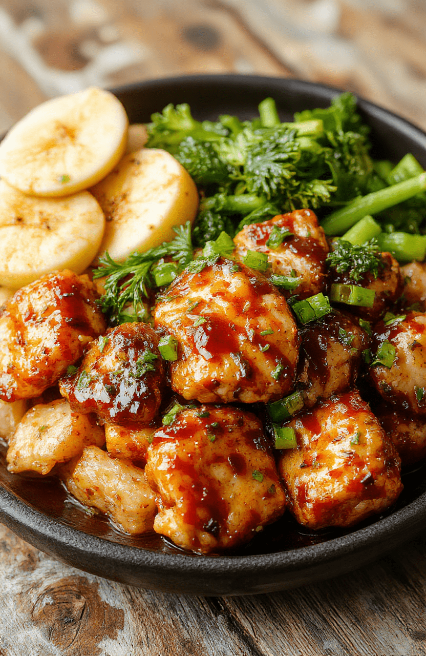 A vibrant plate of teriyaki chicken stir fry featuring golden-brown chicken chunks coated in glossy teriyaki sauce, colorful bell peppers, broccoli florets, and sliced carrots arranged on a white ceramic plate, garnished with sesame seeds and chopped green onions, styled on a rustic wooden surface with natural lighting highlighting the textures and colors.