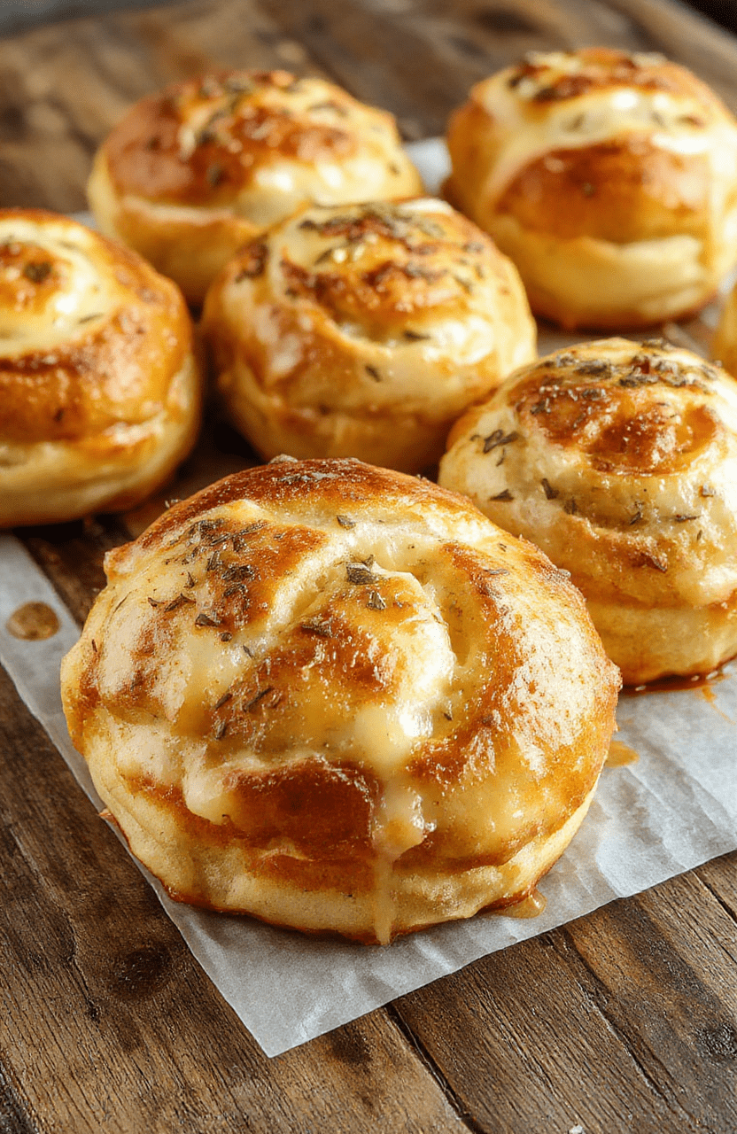 A plate of golden, fluffy breakfast rolls arranged neatly, with a soft butter pat melting on top. The rolls have a light, airy texture with a slightly crisp exterior, garnished with a sprinkle of powdered sugar and fresh herbs, styled on a rustic wooden board with a warm background and soft natural lighting