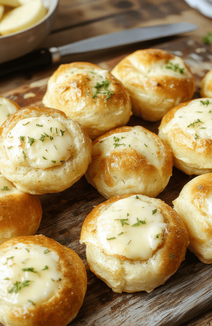 A close-up of fluffy garlic butter bread rolls with golden crust, garnished with fresh parsley on a rustic wooden table, showcasing the soft interior and melted butter glaze.