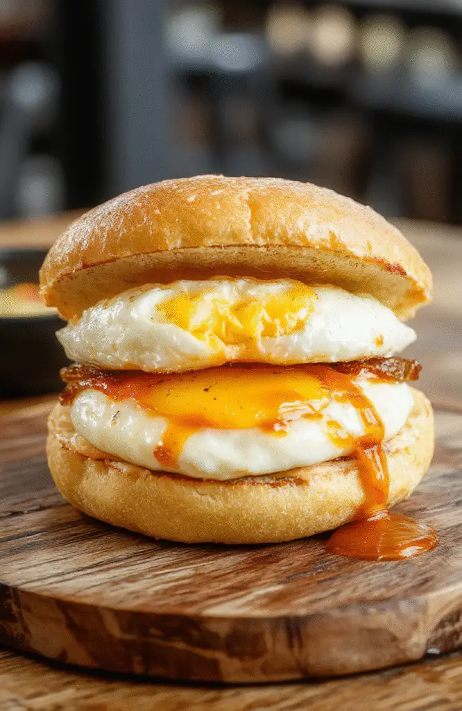 A vibrant, neatly sliced Japanese egg sandwich on a rustic wooden board, showing fluffy yellow eggs between soft white bread, garnished with a sprig of green herbs, styled simply with natural light highlighting tender textures and inviting colors.