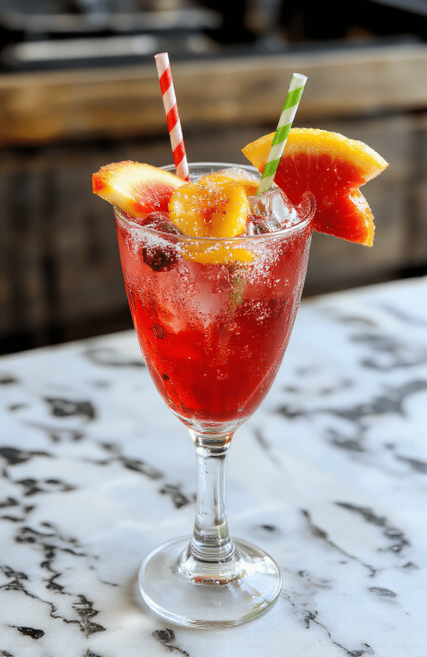 Vibrant fruity cocktail topped with sparkling bubbles in a clear glass, garnished with colorful fruit slices and a whimsical swirl straw, set against a subtle blurred background with playful lighting.