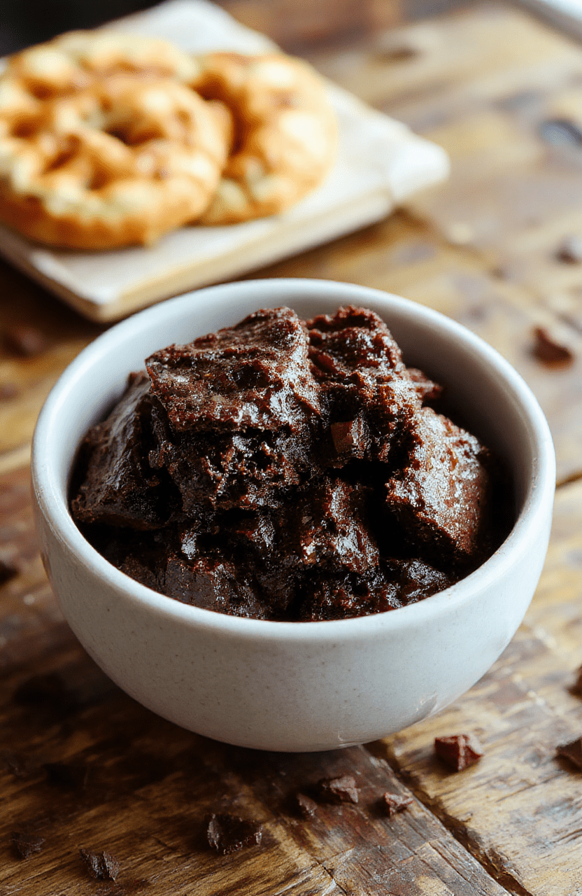 A rich, fudgy brownie sliced open showing its dense texture, topped with a sprinkle of powdered sugar on a rustic wooden table, surrounded by chocolate chips and a glass of milk, natural lighting highlighting the glossy surface and moist interior.