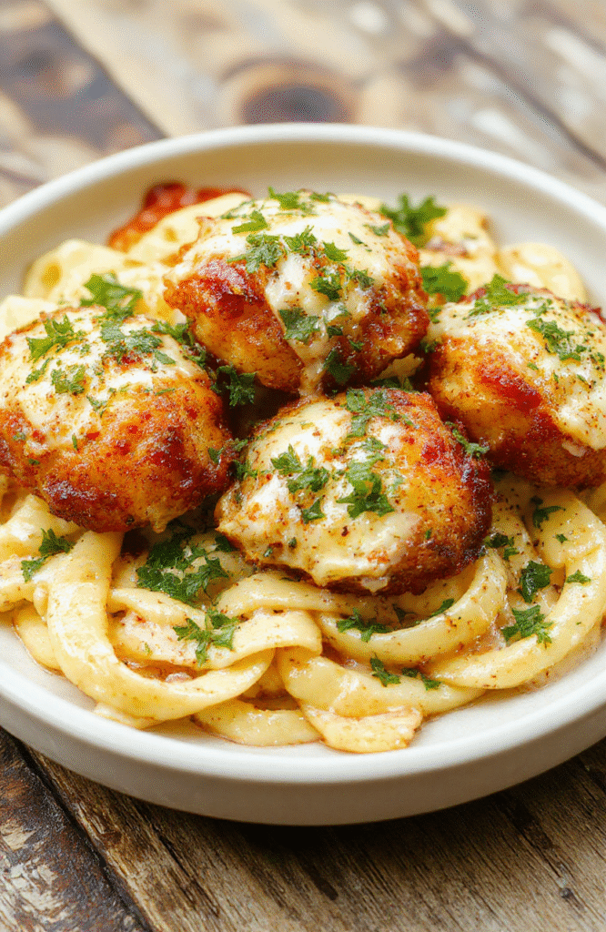 A vibrant plate featuring golden garlic butter chicken bites nestled next to a creamy parmesan pasta, garnished with fresh herbs, styled on a rustic wooden table with soft natural daylight highlighting the textures of the crispy chicken and silky pasta.