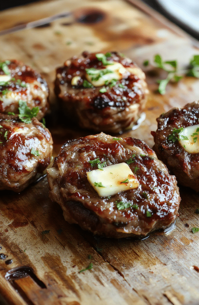 A plate of golden brown garlic butter steak bites arranged neatly on a rustic wooden platter, garnished with fresh parsley and served alongside a small bowl of melted garlic butter. The steak pieces are seared to perfection with a crispy exterior and tender inside, with visible garlic and herb seasoning, styled with a sprinkling of freshly chopped herbs and a drizzle of butter.