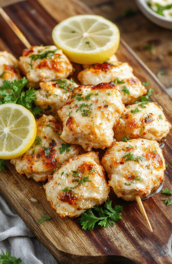 Colorful chicken skewers coated in golden garlic Parmesan glaze, arranged on a rustic wooden platter with fresh herbs and lemon wedges, showcasing crispy edges and juicy interior, styled casually with vibrant textures and a fresh, inviting ambiance.